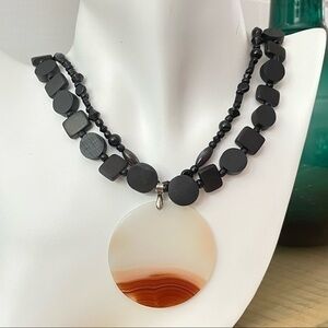 $49 SALE Handmade Agate Pendant Necklace Wood Glass Beaded Chunky Layered